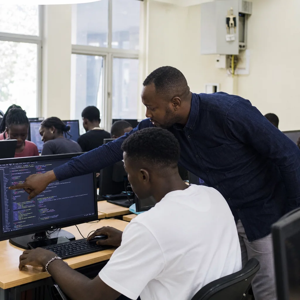 Étudiants en salle informatique devant leurs postes de travail