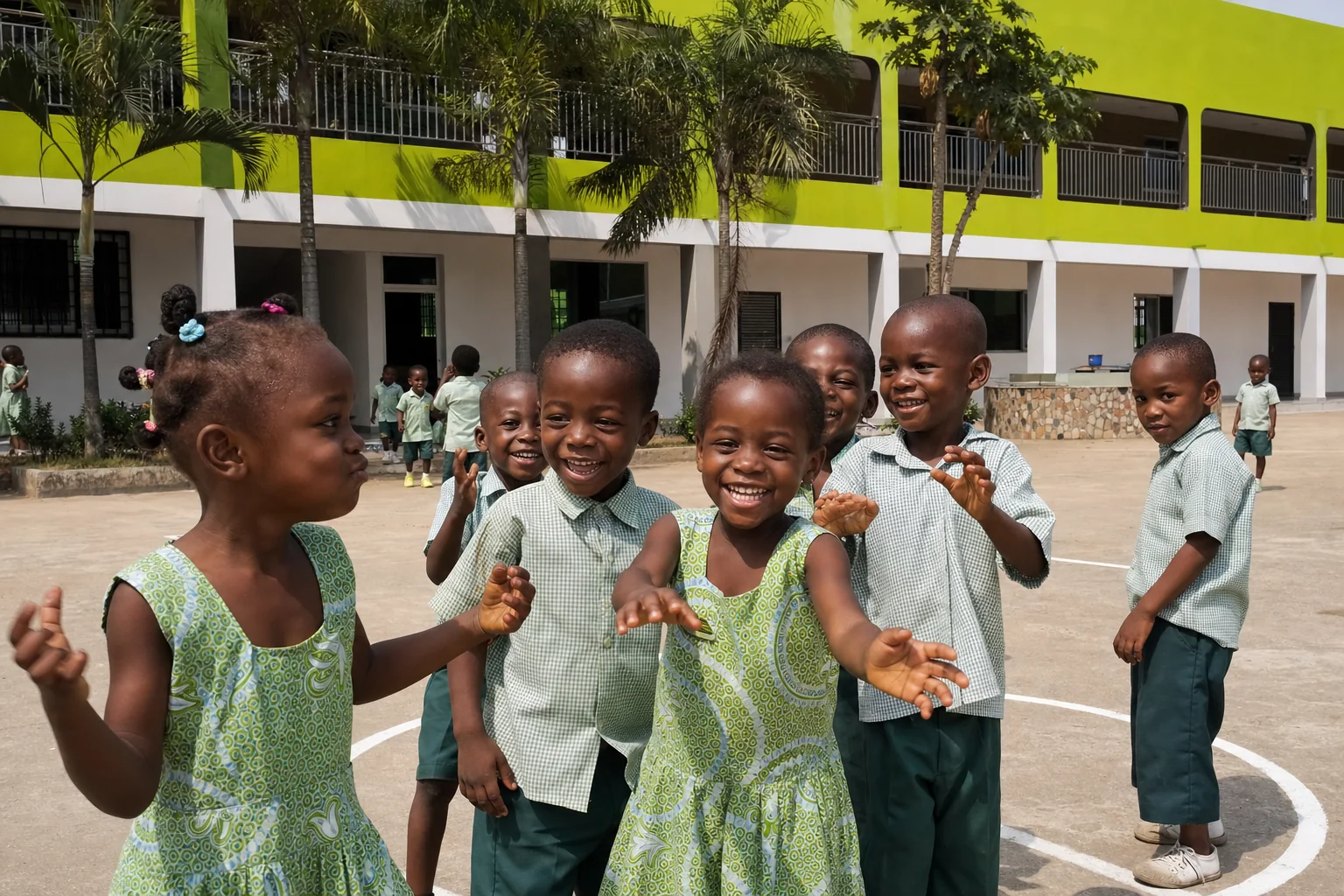 Enfants de maternelle jouant dans la cour devant le bâtiment vert de l’école
