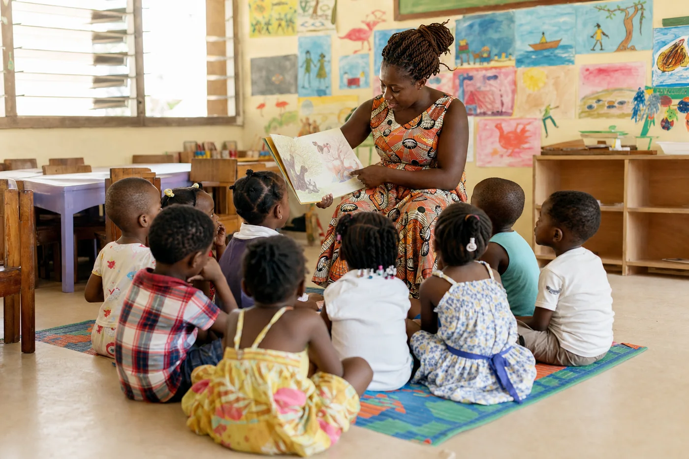 Enseignante lisant un album illustré à un demi-cercle d’enfants attentifs